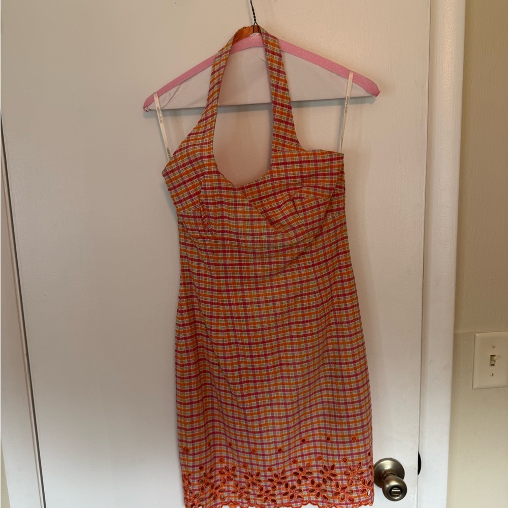 Laundry By Shelli Segal Orange and White Ruched Halter Sundress
